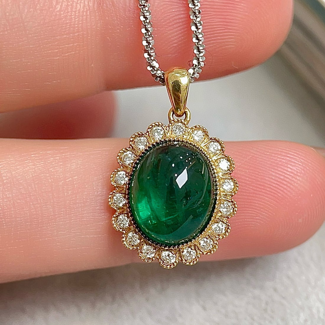 14k Gold 5.50 Ctw Vivid Green Natural Emerald & Diamond Pendant( Without Chain ) - 4