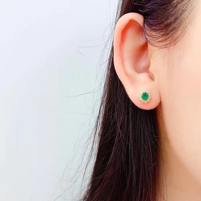14k Gold 1 Ct Vivid Green Natural Emerald & Diamond Earrings - 2
