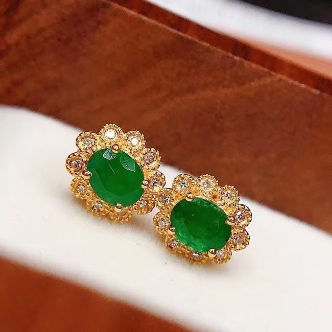 14k Gold 1 Ct Vivid Green Natural Emerald & Diamond Earrings - 3