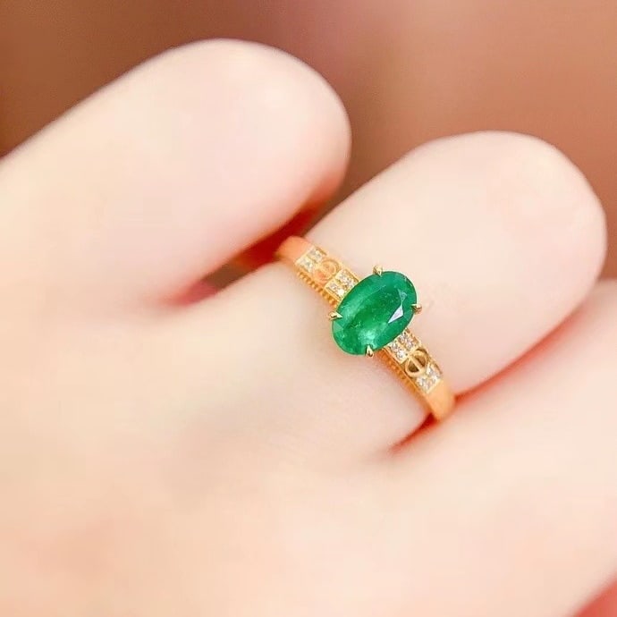 14k Gold 1 Ct Vivid Green Natural Emerald & Diamond Ring - 2