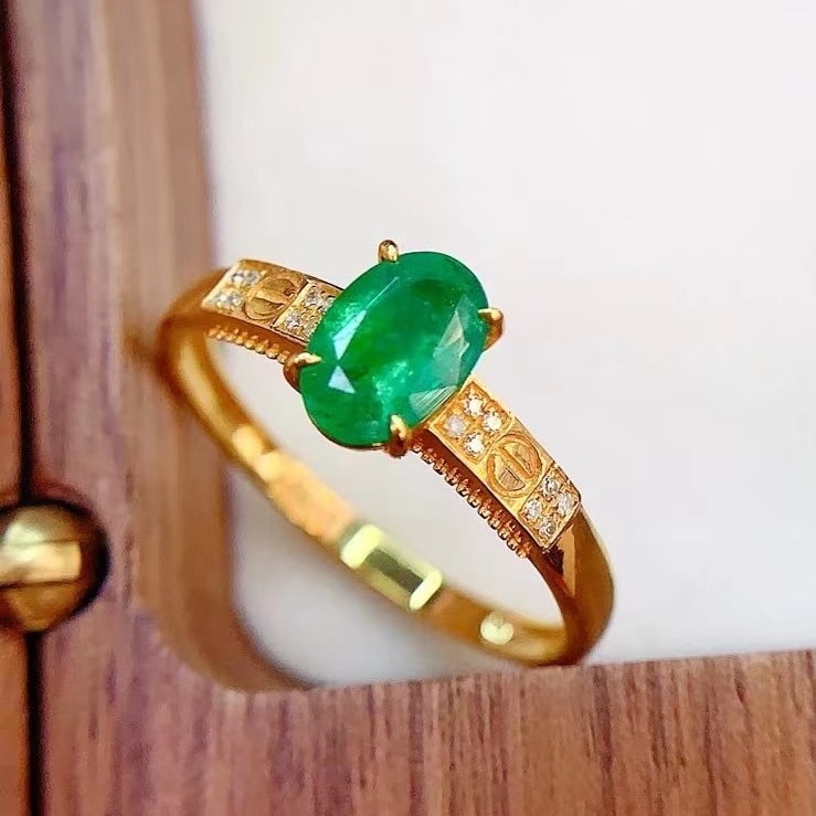 14k Gold 1 Ct Vivid Green Natural Emerald & Diamond Ring - 3