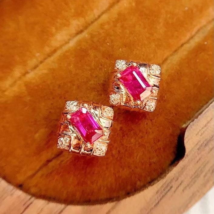 14k Gold 0.8 Ct Natural Ruby & Diamond Earrings - 4