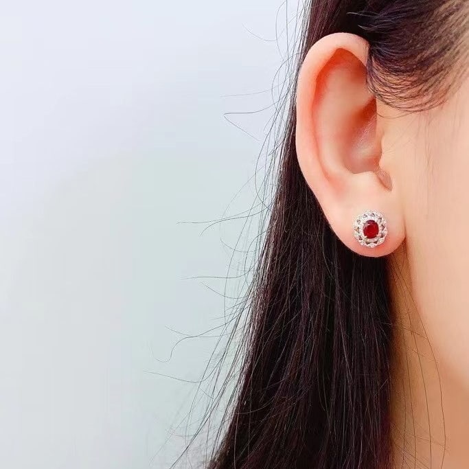 14k Gold 1.52 Ct Natural Ruby & Diamond Earrings - 2