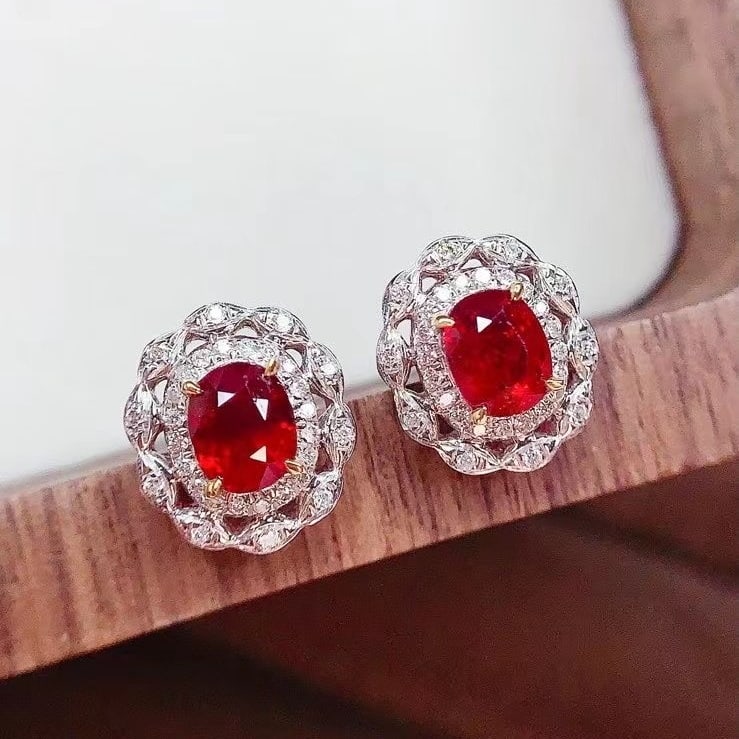 14k Gold 1.52 Ct Natural Ruby & Diamond Earrings - 4