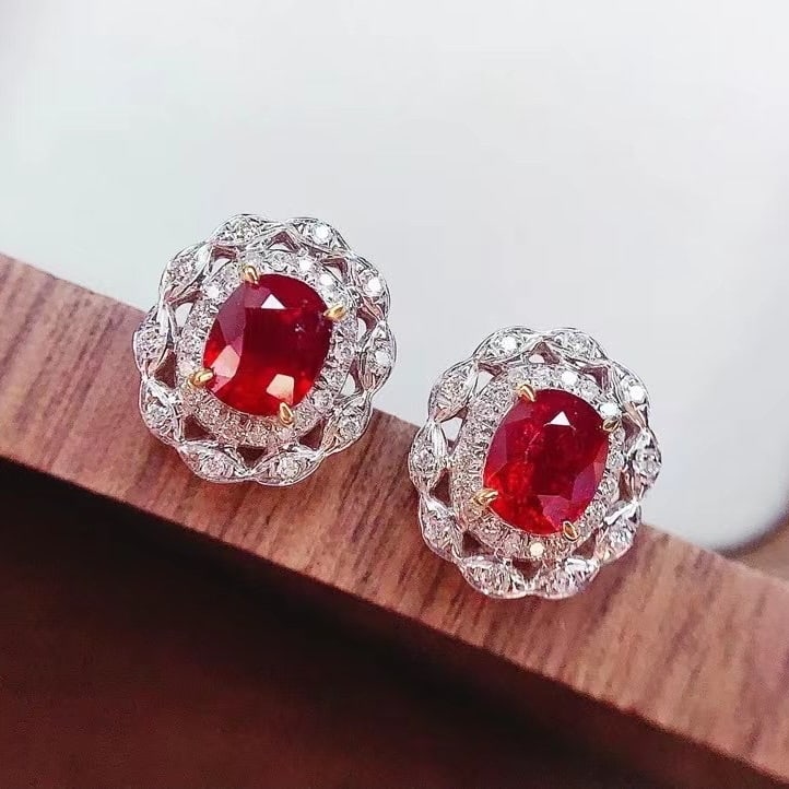 14k Gold 1.52 Ct Natural Ruby & Diamond Earrings - 5