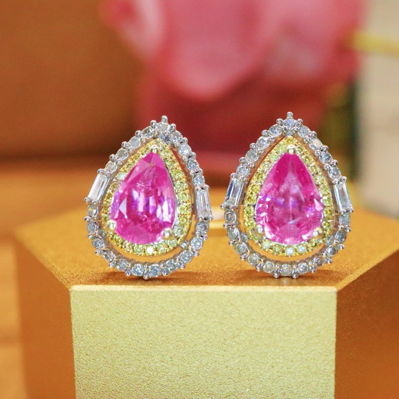14k Gold 1.94 Ctw Natural Padparadscha Sapphire & Diamond Earrings - 2