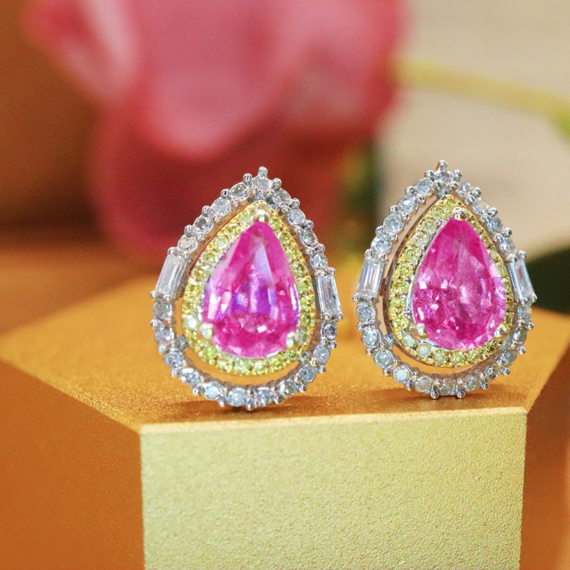 14k Gold 1.94 Ctw Natural Padparadscha Sapphire & Diamond Earrings - 3