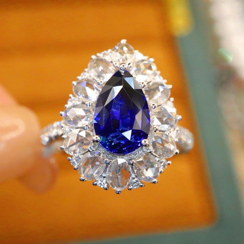 14k Gold 3.24 Ctw Natural Sapphire & Diamond Ring: Ref:230982406 / / gold content:14k gold / / ring size:7. 25us / / / / main gemstone:sapphire / / shape:pear / / carat weight:2. 33ct / / color:royal blue / / treatment:natural / / / / adjacent