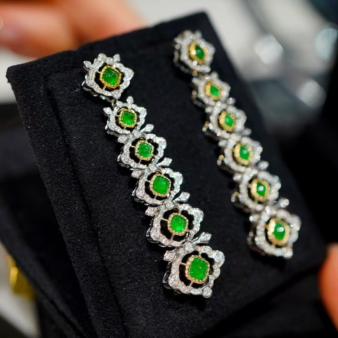 14k Gold 2.00 Ct Vivid Green Natural Emerald & Diamond Earrings - 2