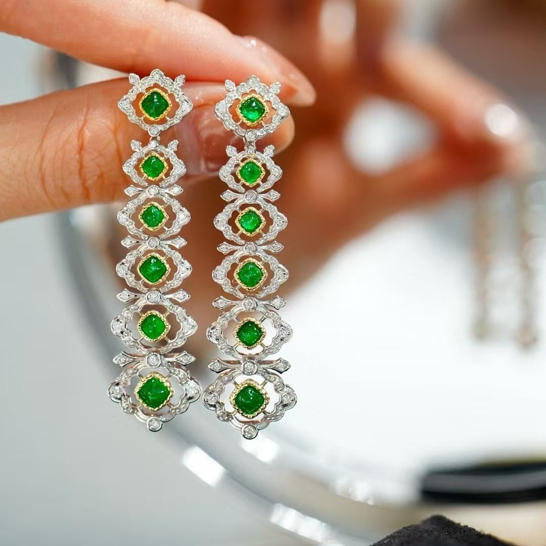 14k Gold 2.00 Ct Vivid Green Natural Emerald & Diamond Earrings - 6