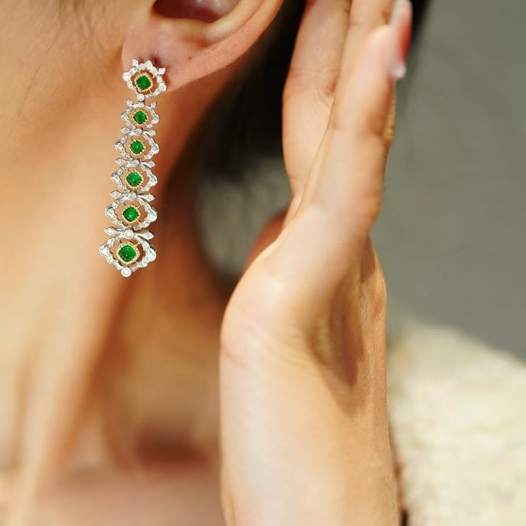14k Gold 2.00 Ct Vivid Green Natural Emerald & Diamond Earrings - 7