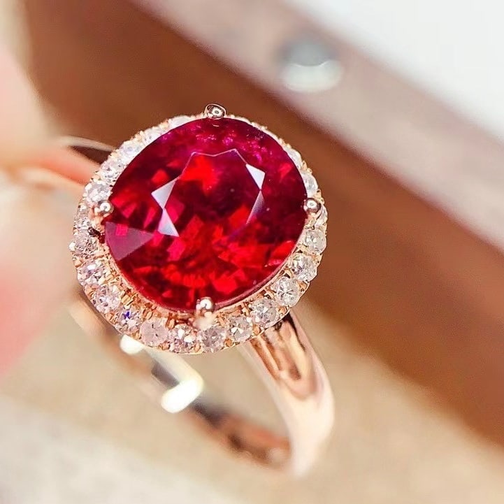 14k Gold 2.35 Ct Natural Tourmaline & Diamond Ring: Ref:230982429 / / gold content:14k gold / / ring size:7. 25us / / / / main gemstone:tourmaline / / shape:oval / / carat weight:2. 35ct / / color:red / / treatment:natural / / / / adjacent gemstone 2