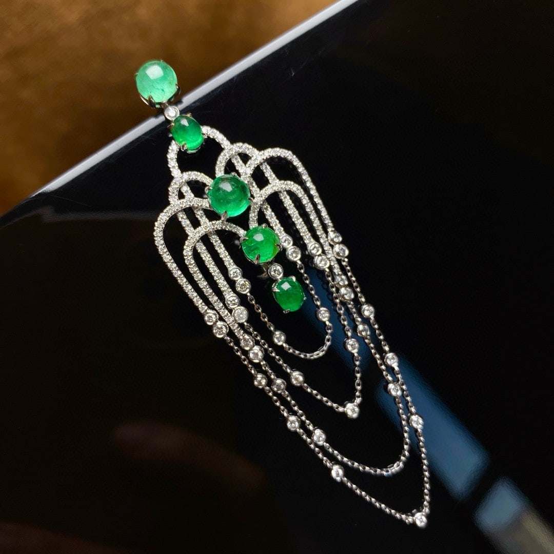 14k Gold 3.87 Ctw Natural Emerald & Diamond Brooch - 3