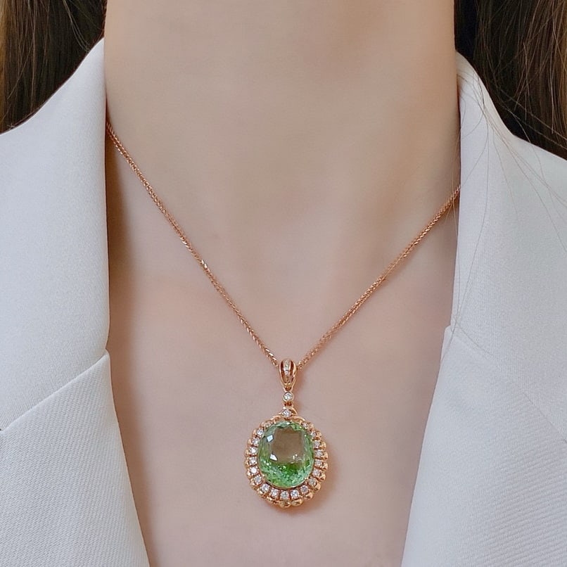 14k Gold 18.28 Ctw Natural Tourmaline & Diamond Pendant( Without Chain ) - 2