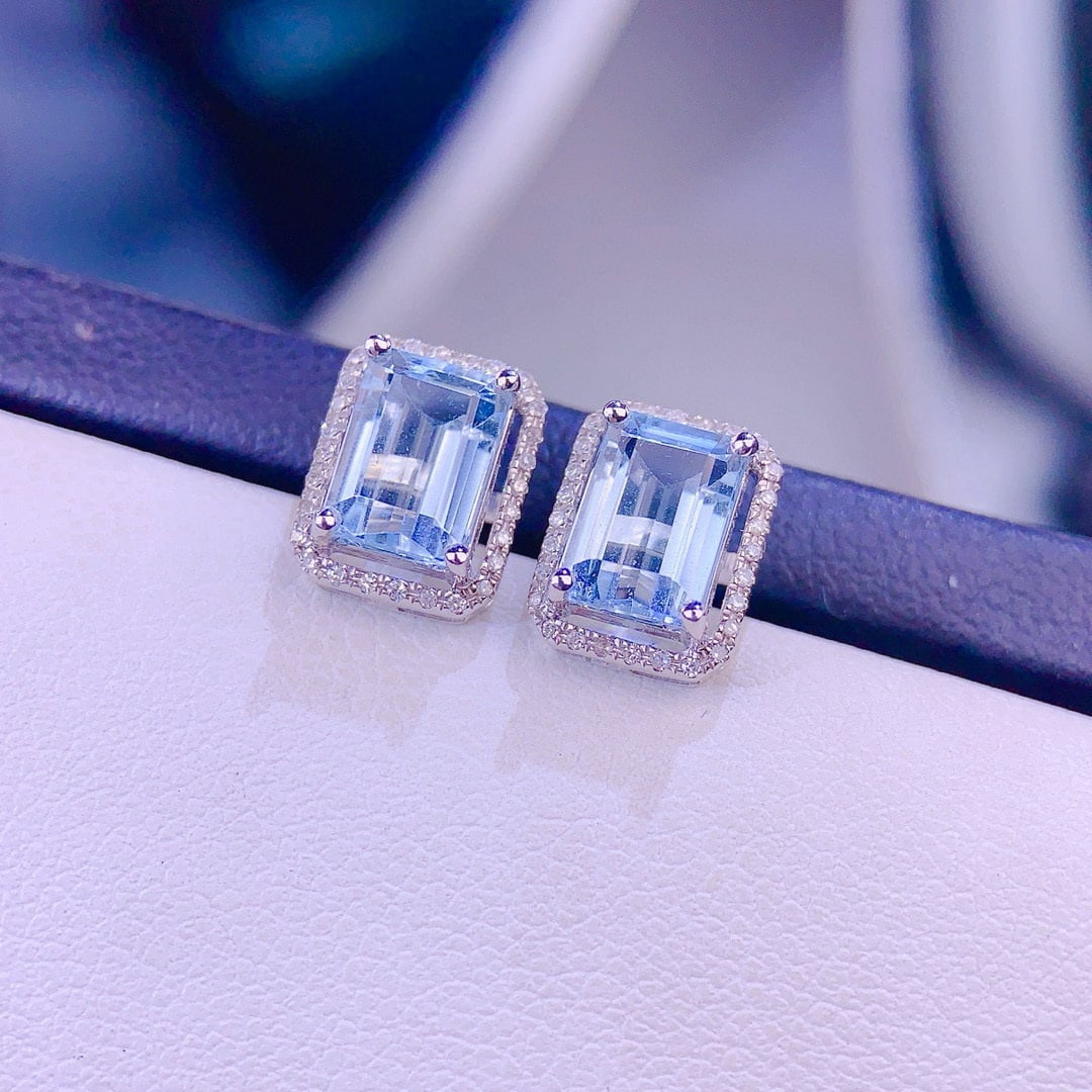 14k Gold 2.8 Ct Natural Aquamarine & Diamond Earrings - 7