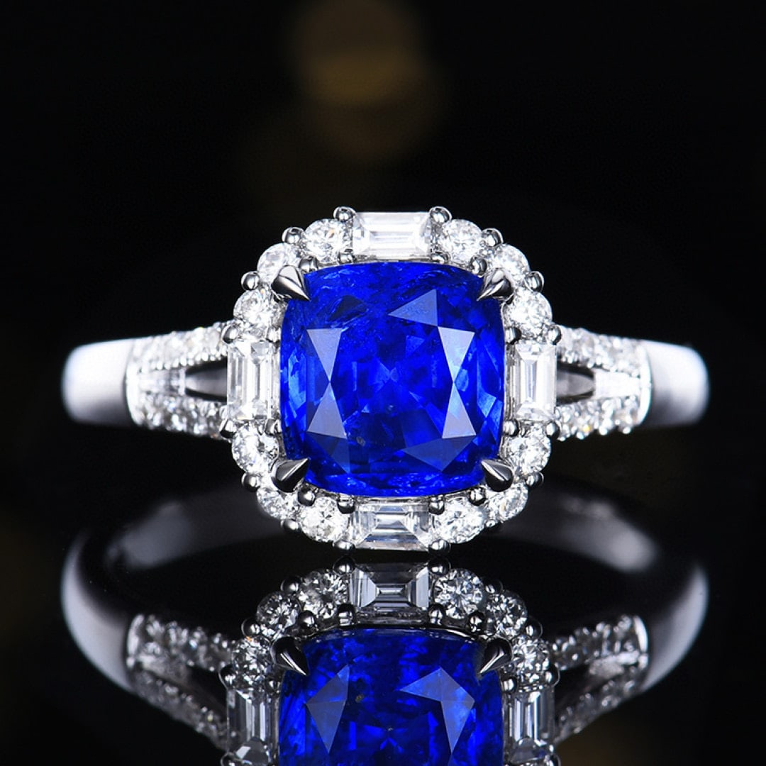 14k Gold 2.62 Ctw Natural Sapphire & Diamond Ring: Ref:230979054 // gold content:14k gold // ring size:7. 25us // // main gemstone:sapphire // shape:cushion // carat weight:2. 19ct // color:blue // treatment:natural // // adjacent gemstone 2 :