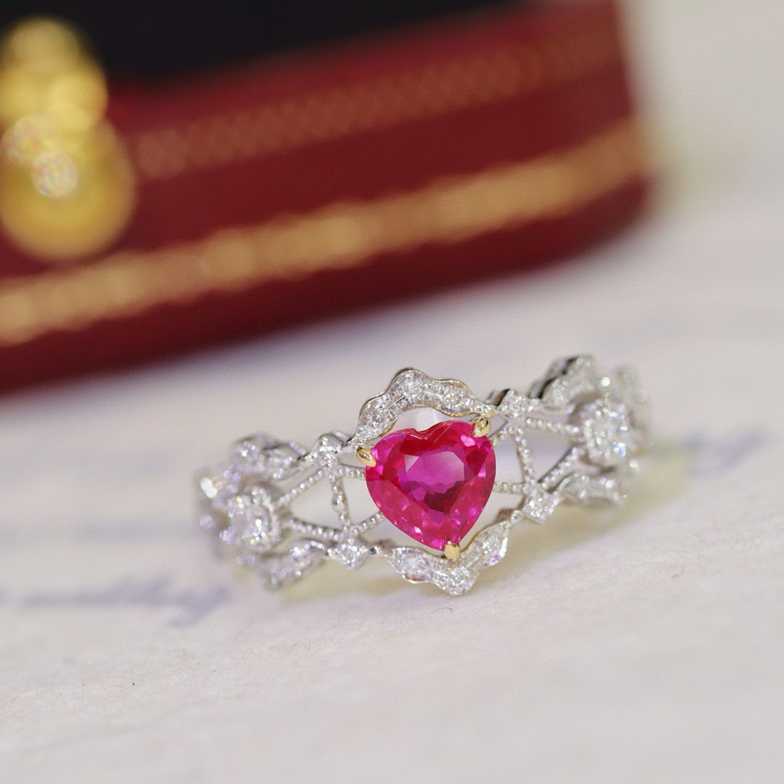 14k Gold 0.64 Ctw Natural Ruby & Diamond Ring: Ref:230979059 // gold content:14k gold // ring size:7. 25us // // main gemstone:ruby // shape:heart // carat weight:0. 49ct // color:red // treatment:natural // // adjacent gemstone 2 : diamond //