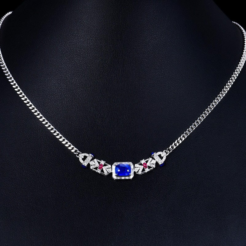 14k Gold 2.92 Ctw Natural Sapphire & Diamond Necklace: Ref:230979061 // gold content:14k gold // main gemstone:sapphire // shape:cushion // carat weight:2. 21ct // color:royal blue // treatment:natural // // adjacent gemstone 2 : diamond // number of ston