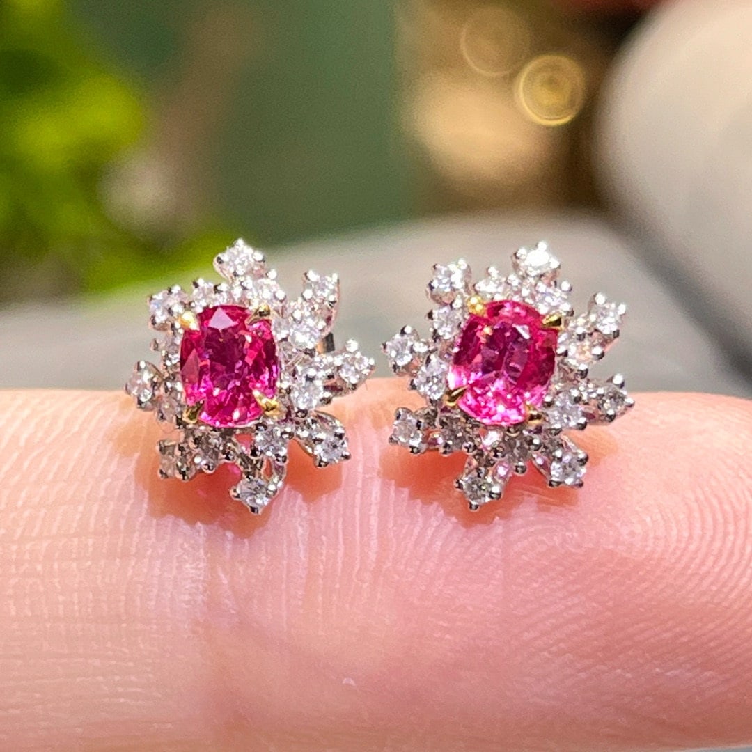 14k Gold 0.96 Ctw Natural Padparadscha Sapphire & Diamond Earrings - 2