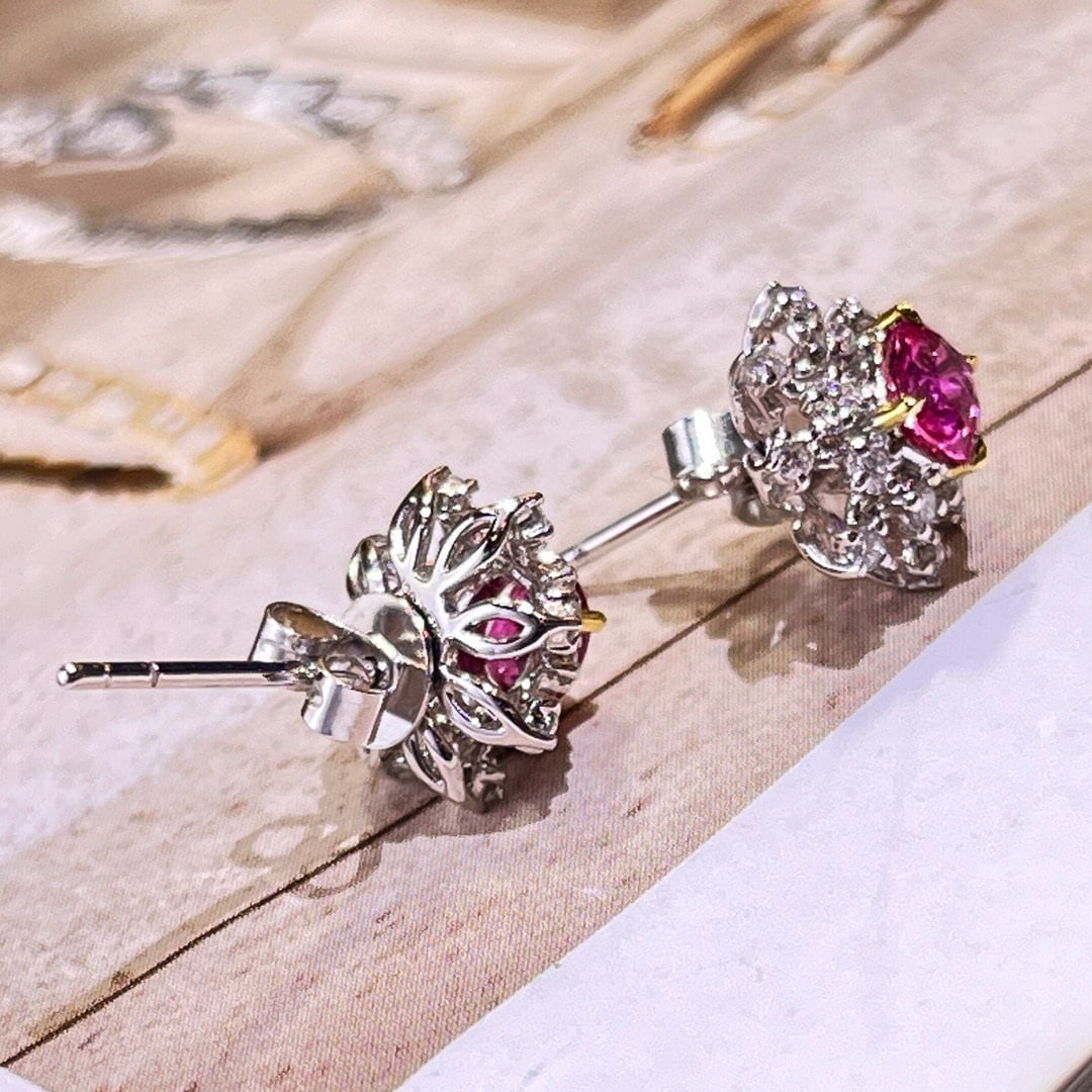 14k Gold 0.96 Ctw Natural Padparadscha Sapphire & Diamond Earrings - 4