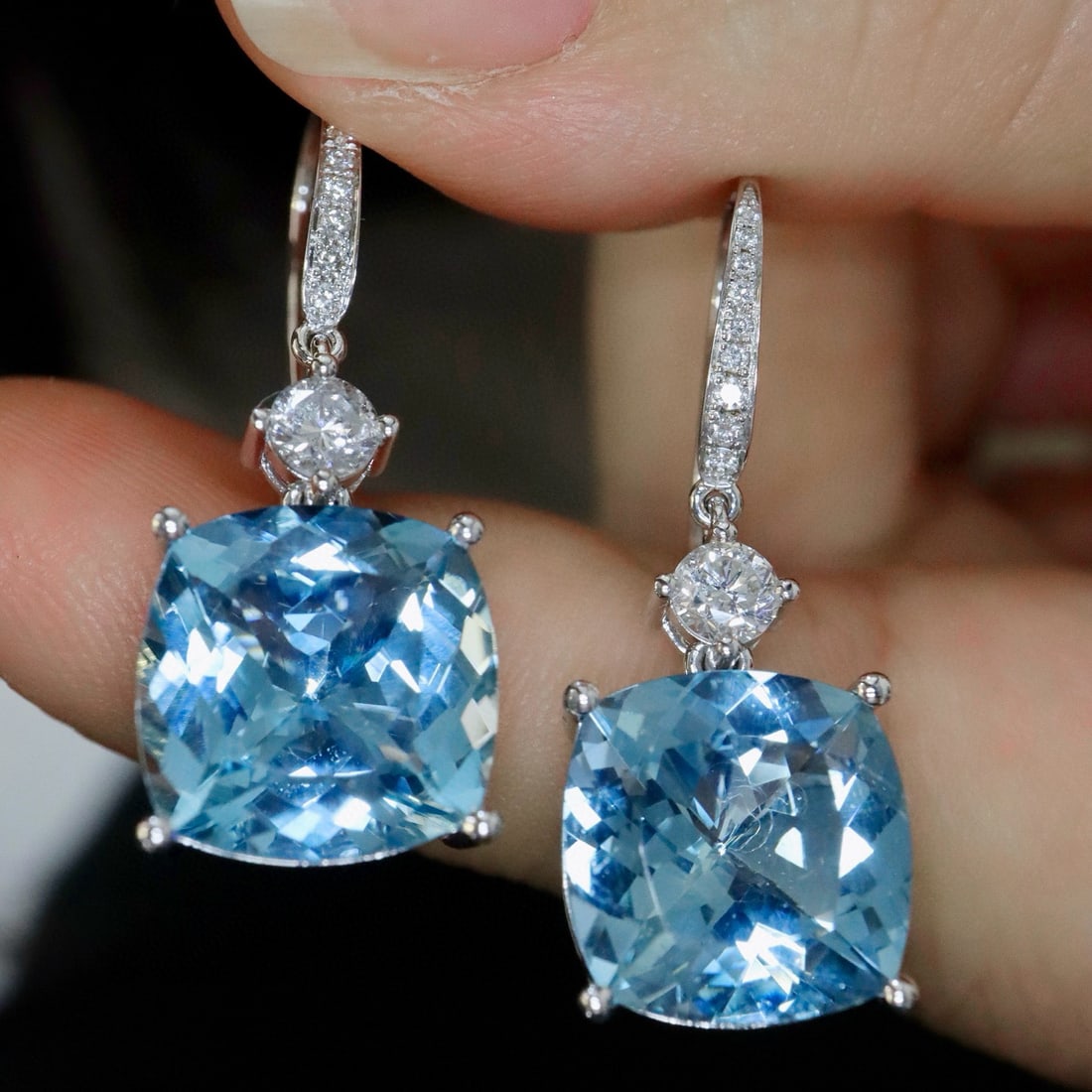 14k Gold 11.66 Ctw Natural Aquamarine & Diamond Earrings - 2