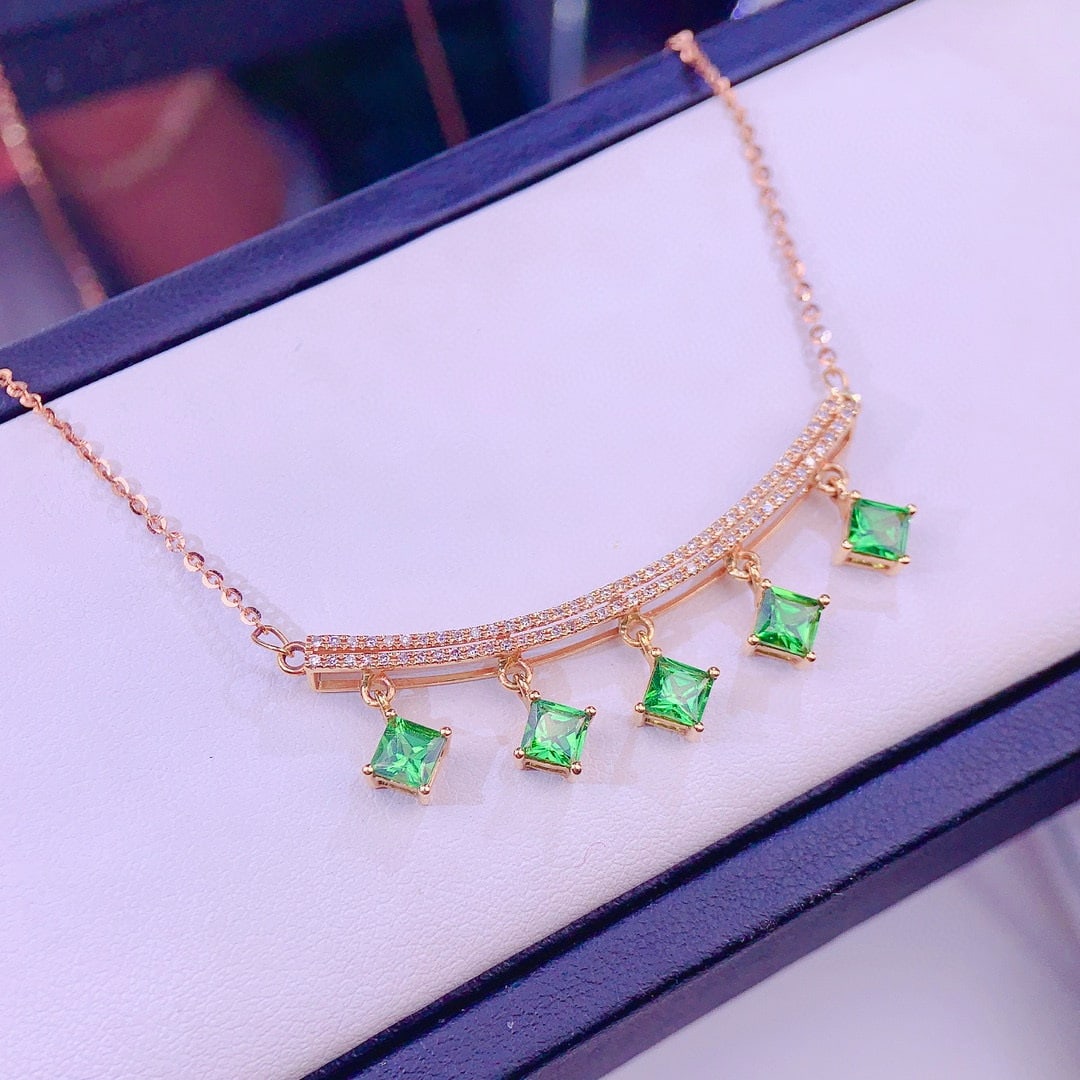 14k Gold 3.0 Ct Natural Tsavorite & Diamond Necklace - 3