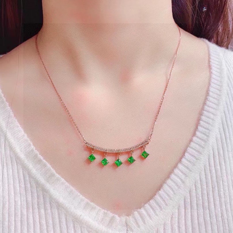 14k Gold 3.0 Ct Natural Tsavorite & Diamond Necklace - 7