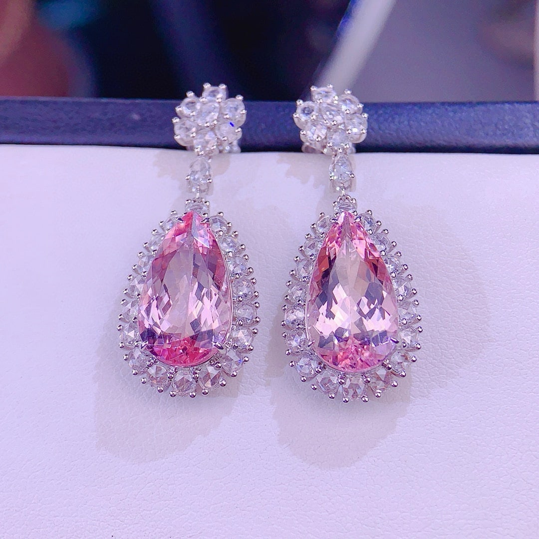 14k Gold 8.0 Ct Natural Morganite & Diamond Earrings: Ref:230979082 // gold content:14k gold // main gemstone:morganite // shape:pear // carat weight:8. 0ct // color:pink // treatment:natural // // adjacent gemstone 2 : diamond // shape:multiply // clari