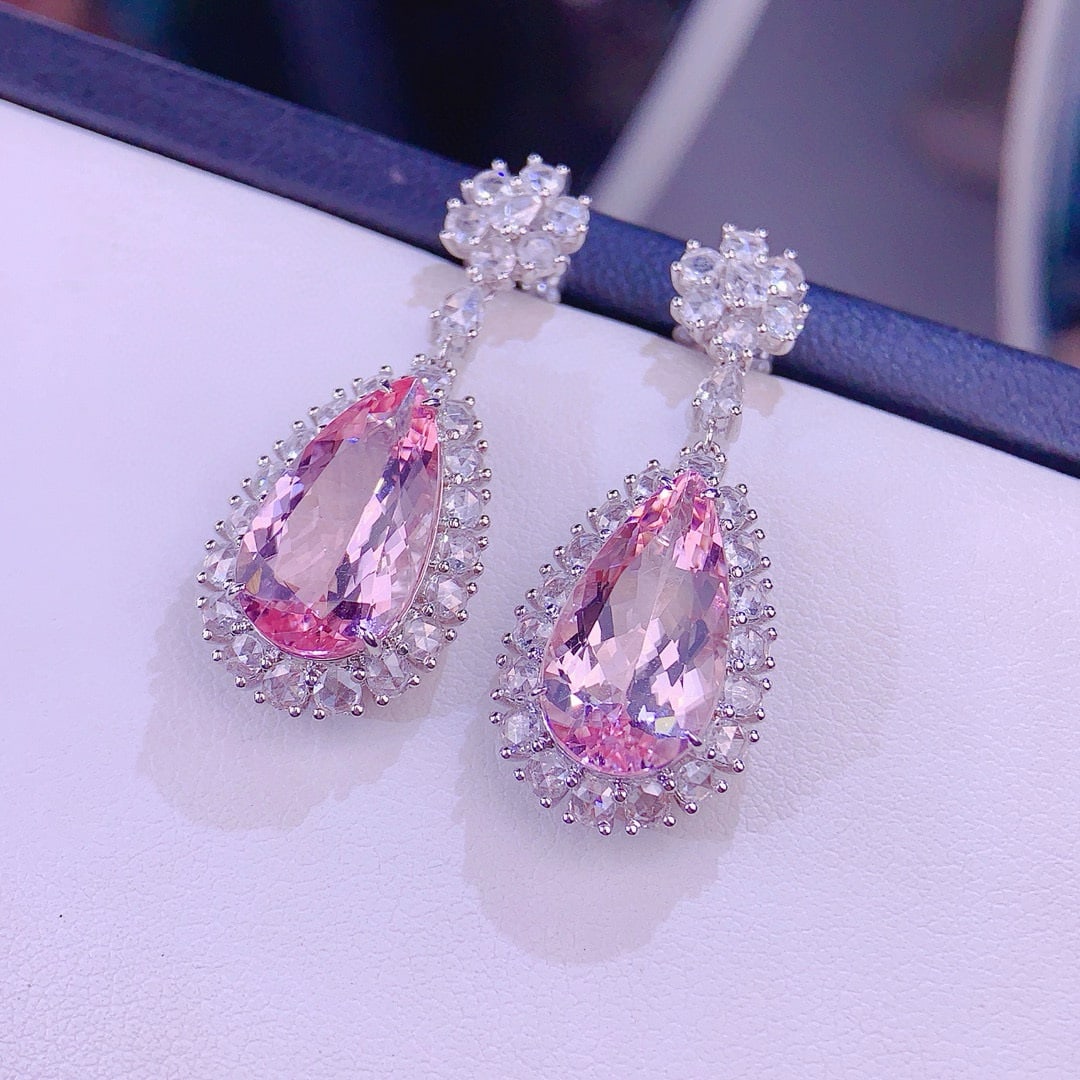 14k Gold 8.0 Ct Natural Morganite & Diamond Earrings - 2