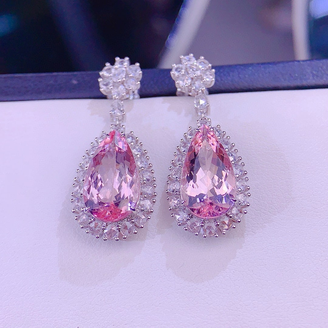 14k Gold 8.0 Ct Natural Morganite & Diamond Earrings - 3