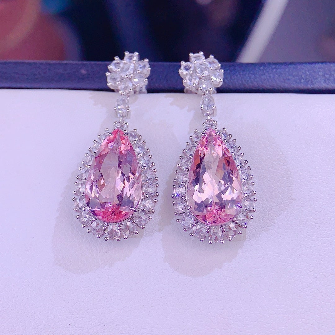 14k Gold 8.0 Ct Natural Morganite & Diamond Earrings - 5