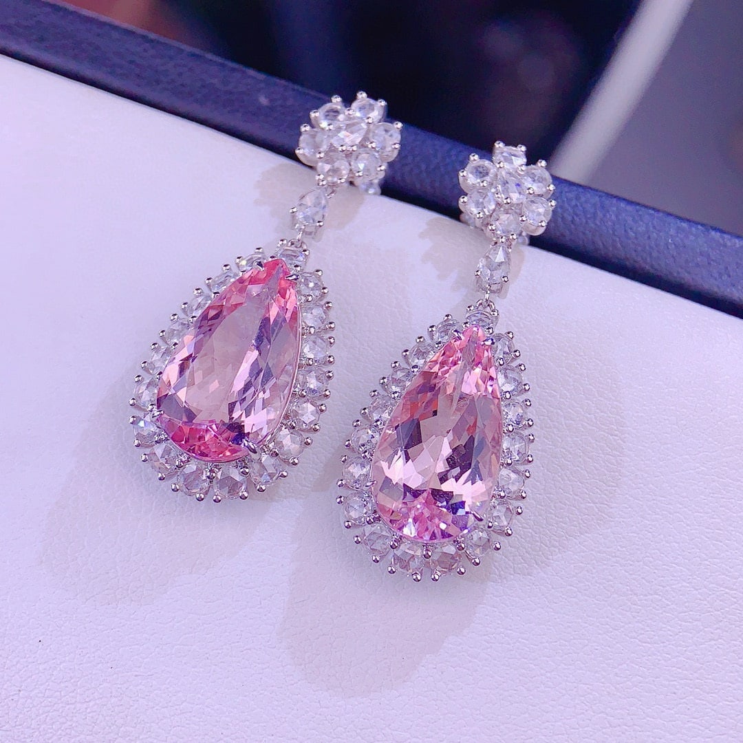 14k Gold 8.0 Ct Natural Morganite & Diamond Earrings - 6