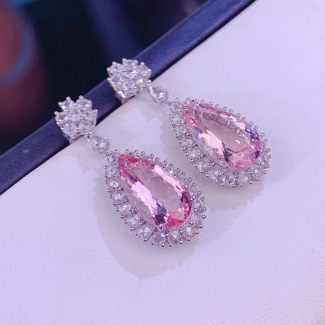 14k Gold 8.0 Ct Natural Morganite & Diamond Earrings - 7