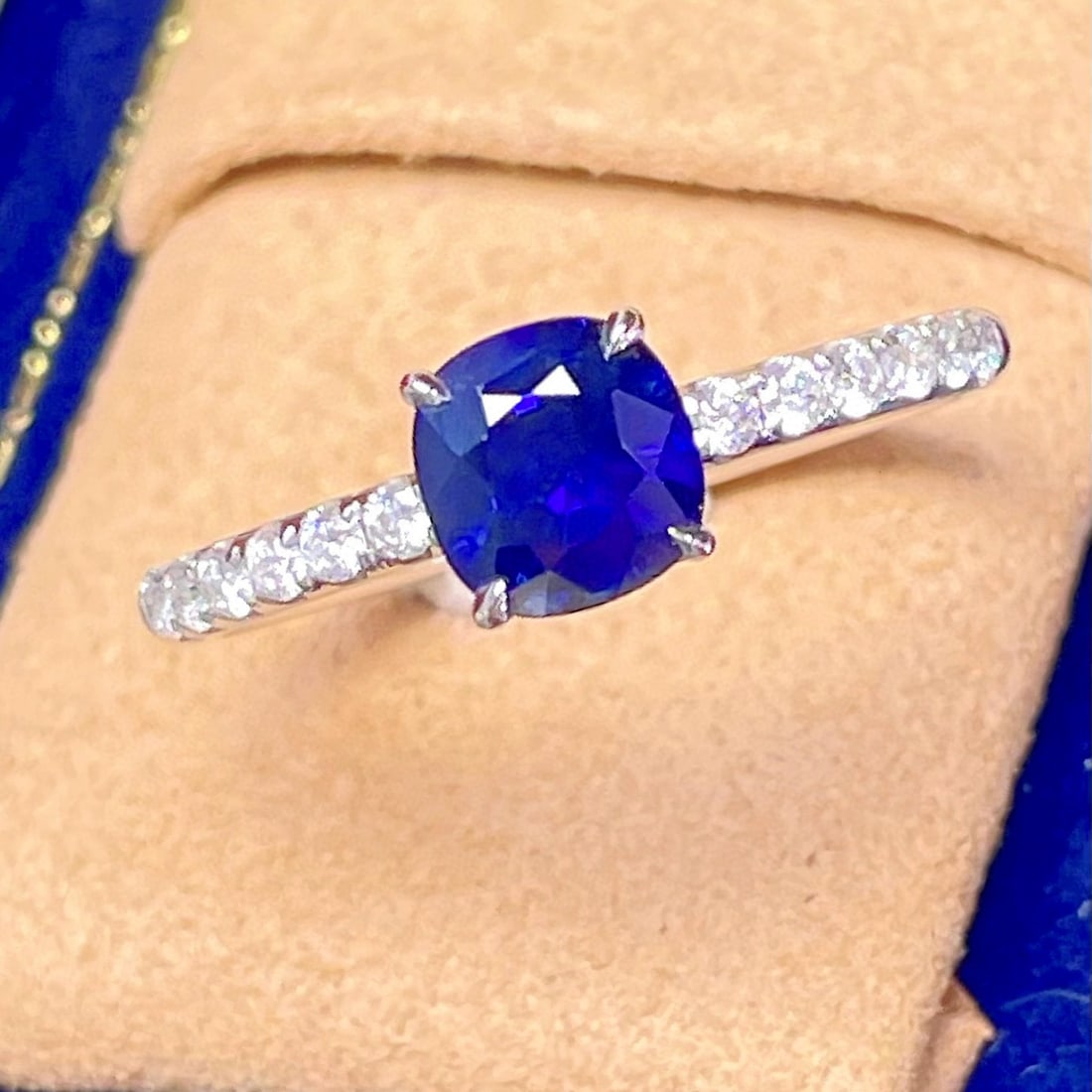 14k Gold 1.38 Ctw Natural Sapphire & Diamond Ring: Ref:230979096 // gold content:14k gold // ring size:7. 25us // // main gemstone:sapphire // shape:cushion // carat weight:1. 14ct // color:royal blue // treatment:natural // // adjacent gemstone 2 :