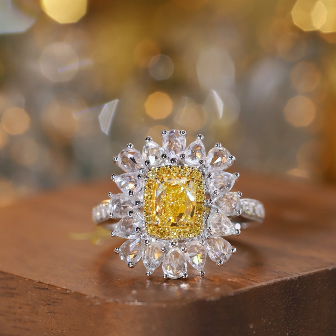 14k Gold 1.28 Ctw Natural Yellow Diamond & Diamond Ring: Ref:230979122 // gold content:14k gold // ring size:7. 25us // // main gemstone:yellow diamond // shape:cushion // carat weight:1. 08ct // color:yellow // treatment:natural // cut grade:g // //