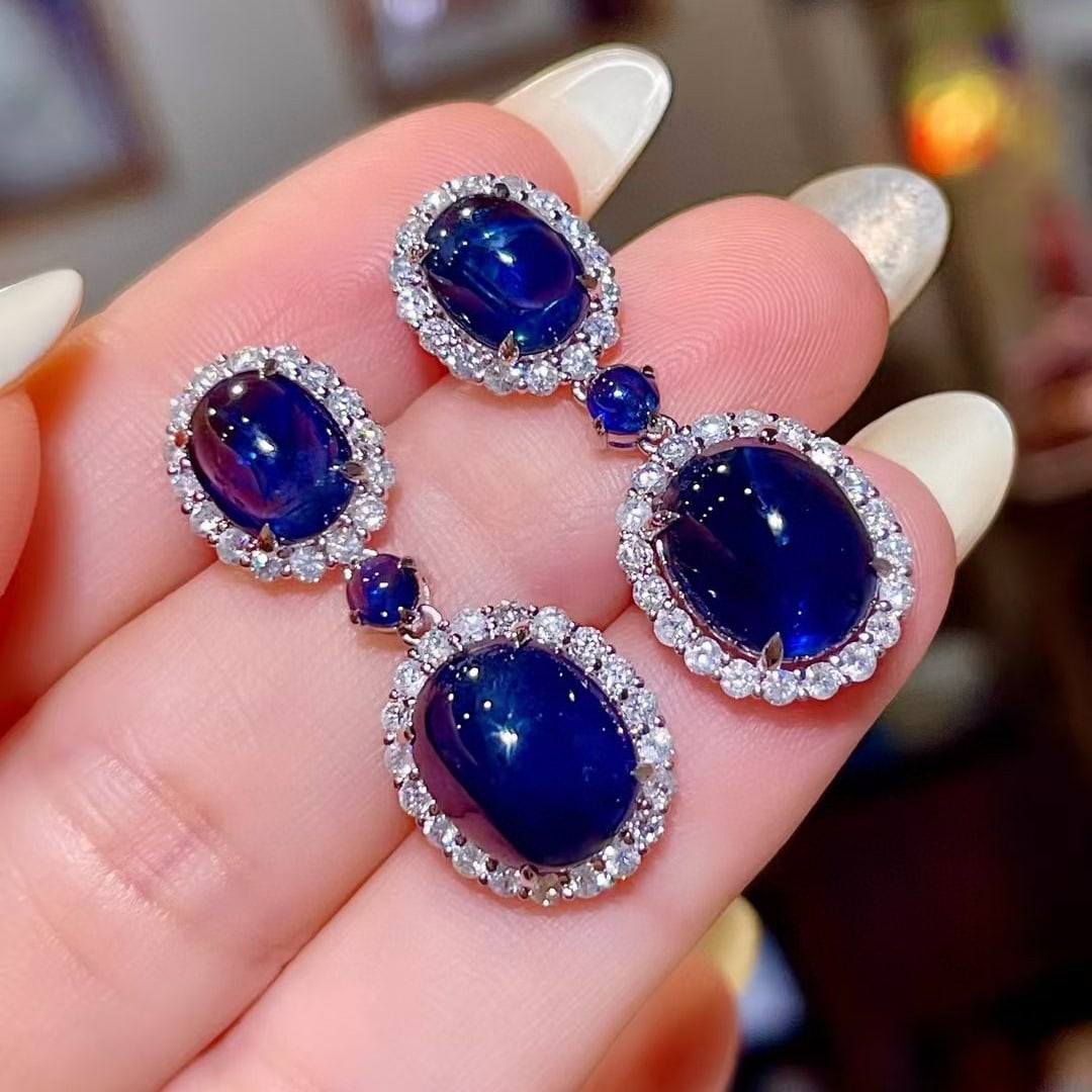 14k Gold 17.07 Ctw Natural Sapphire & Diamond Earrings - 2