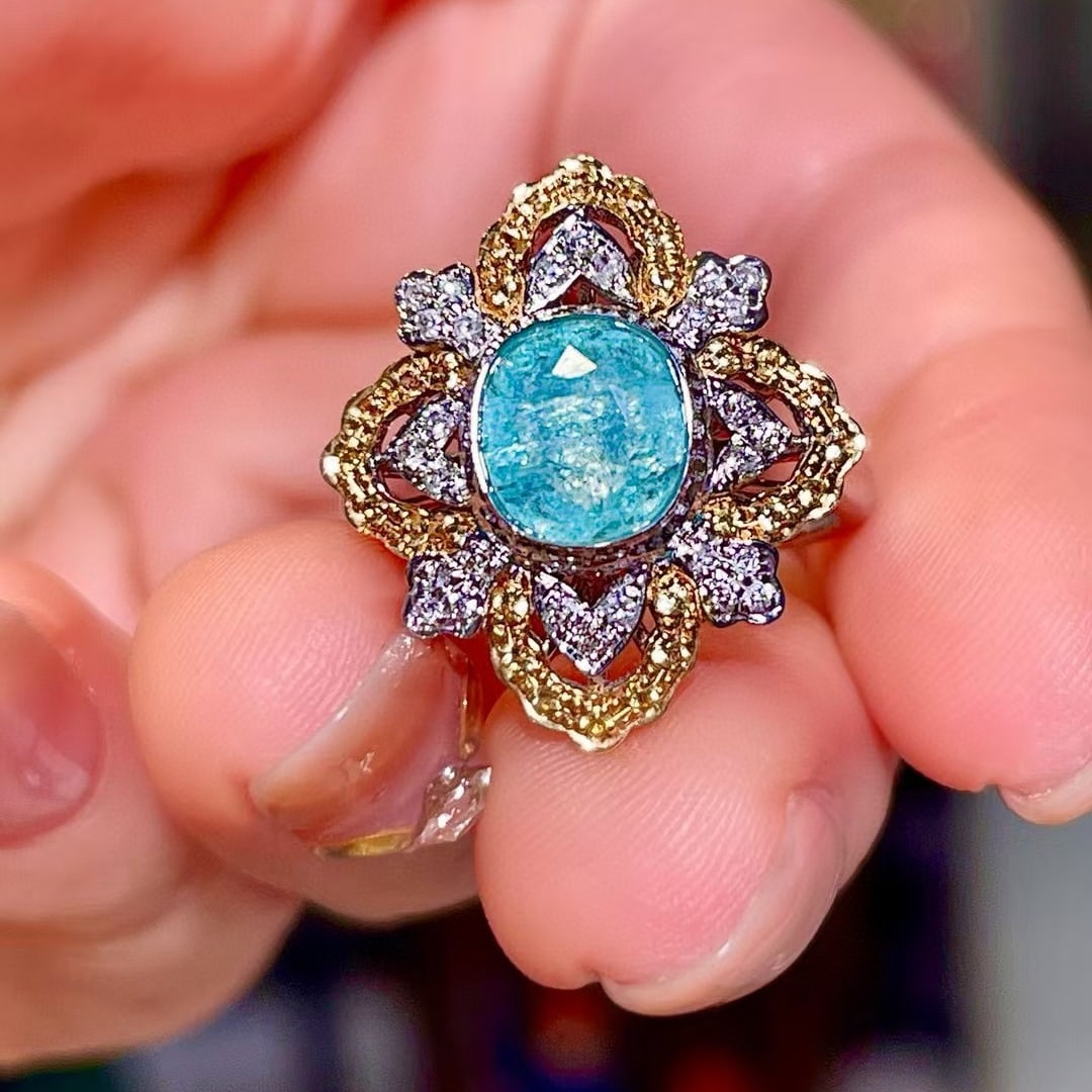 14k Gold 1.65 Ctw Natural Paraiba Tourmaline & Diamond Ring - 3