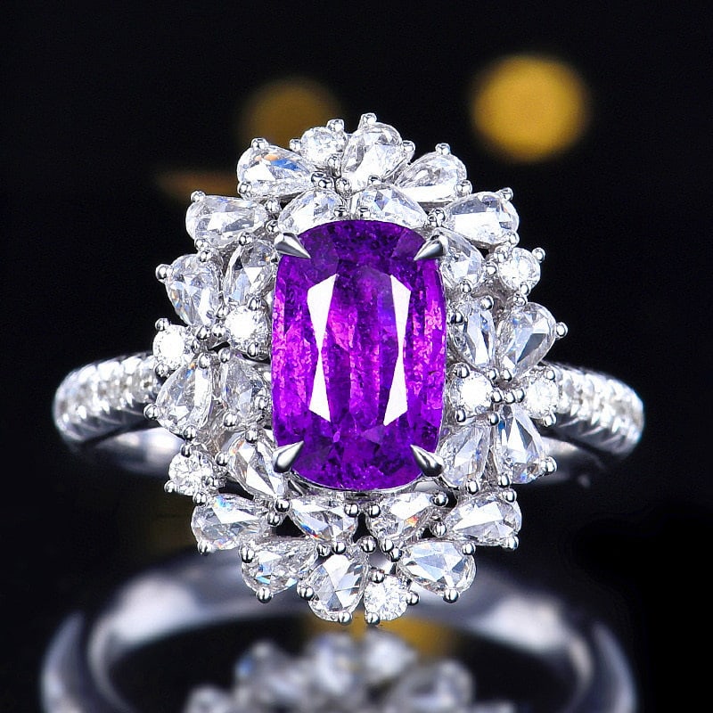 14k Gold 3.68 Ctw Natural Sapphire & Diamond Ring: Ref:230979143 // gold content:14k gold // ring size:7. 25us // // main gemstone:sapphire // shape:cushion // carat weight:2. 64ct // color:purple // treatment:natural // cut grade:g // // adjacent