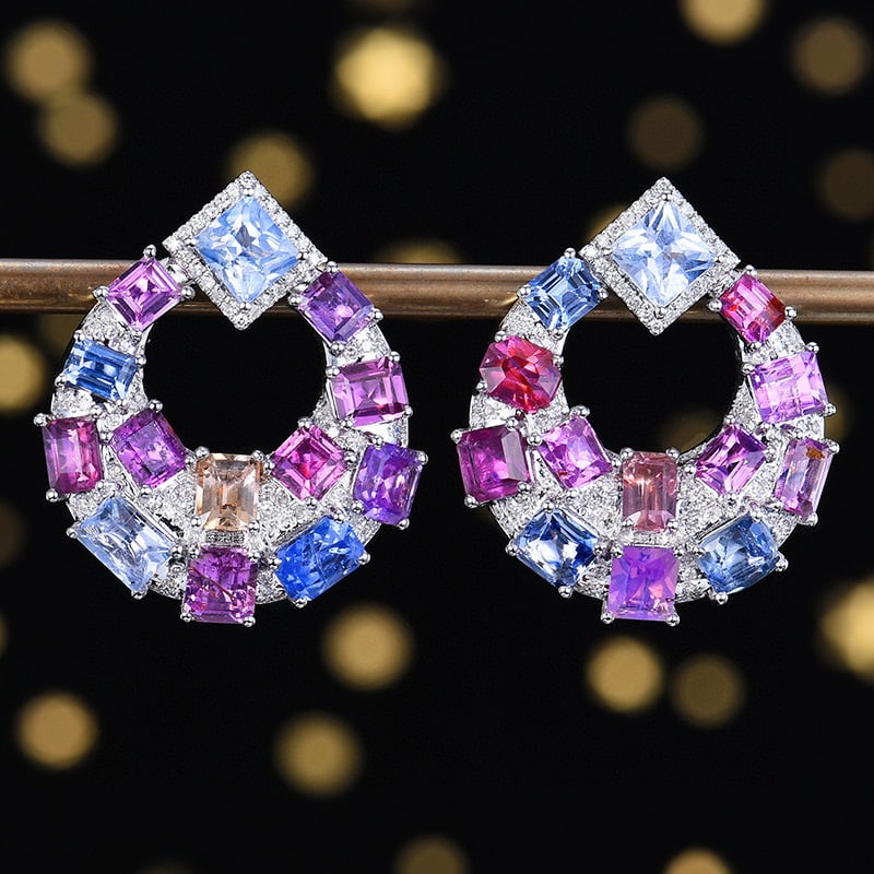 14k Gold 8.928 Ctw Natural Sapphire & Diamond Earrings: Ref:230979146 // gold content:14k gold // main gemstone:sapphire // shape:cushion // carat weight:8. 59ct // color:pink // treatment:natural // cut grade:g // // adjacent gemstone 2 : diamond // numbe