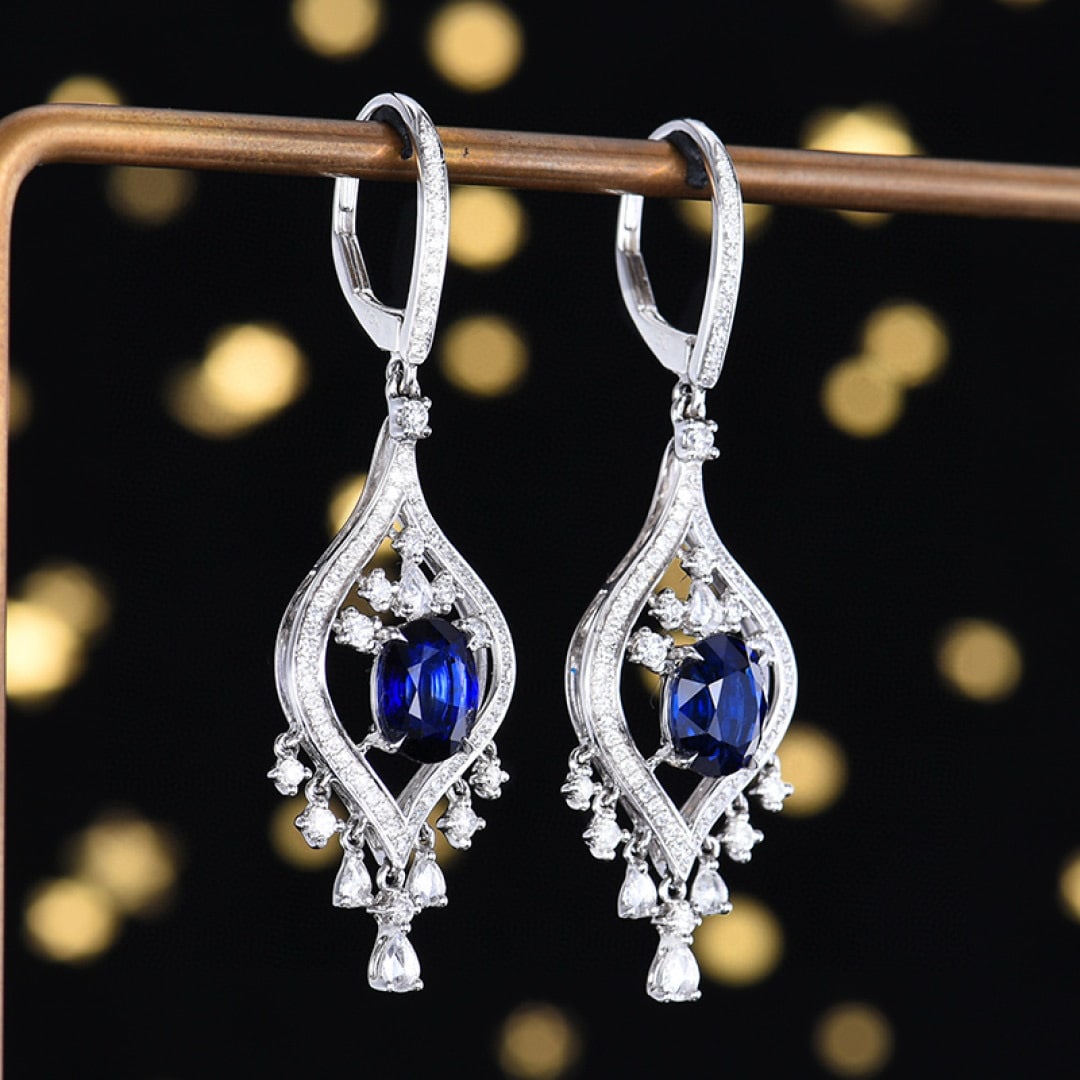 14k Gold 4.22 Ctw Natural Sapphire & Diamond Earrings - 3