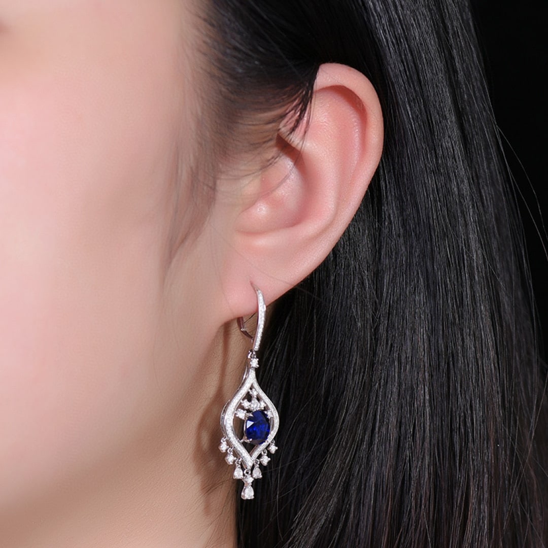 14k Gold 4.22 Ctw Natural Sapphire & Diamond Earrings - 5