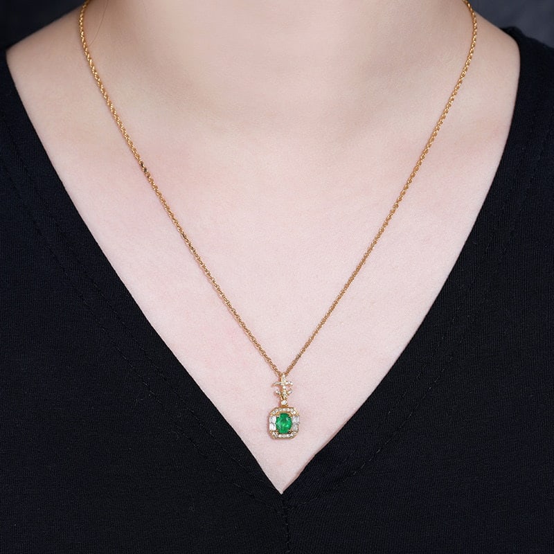 14k Gold 0.28 Ct Natural Emerald & Diamond Pendant( Without Chain ) - 5