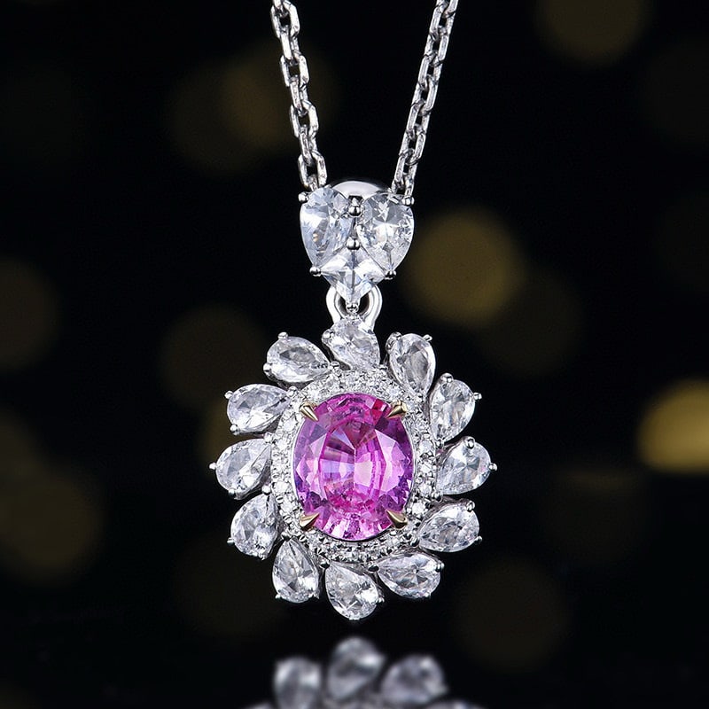 14k Gold 0.83 Ctw Natural Padparadscha Sapphire & Diamond Pendant( Without Chain ): Ref:230979178 // gold content:14k gold // main gemstone:padparadscha sapphire // shape:oval // carat weight:0. 77ct // color:purple // treatment:natural // cut grade:g // // adjacent gemstone 2 :