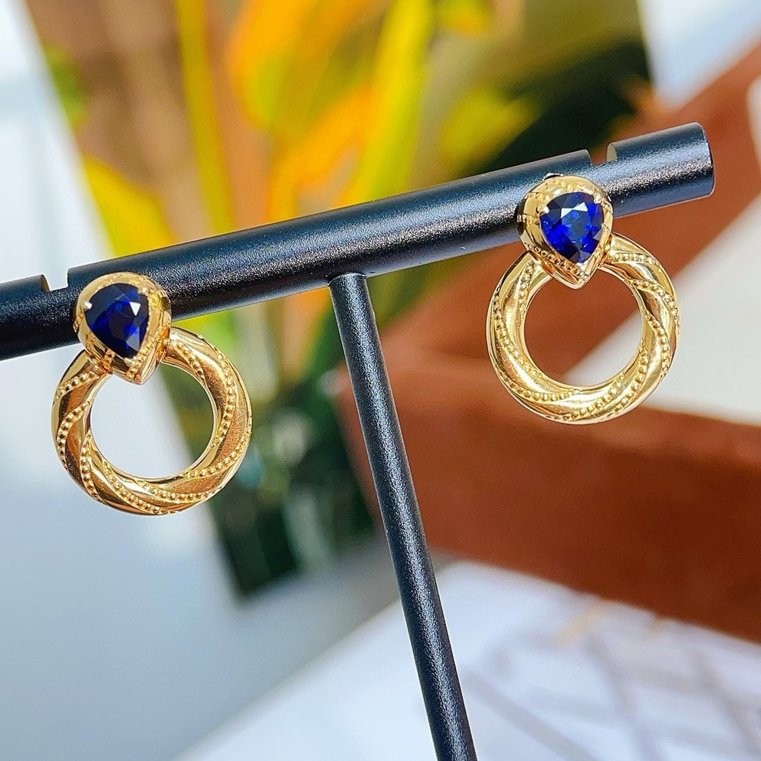 14k Gold 1.3 Ct Natural Sapphire & Diamond Earrings - 2