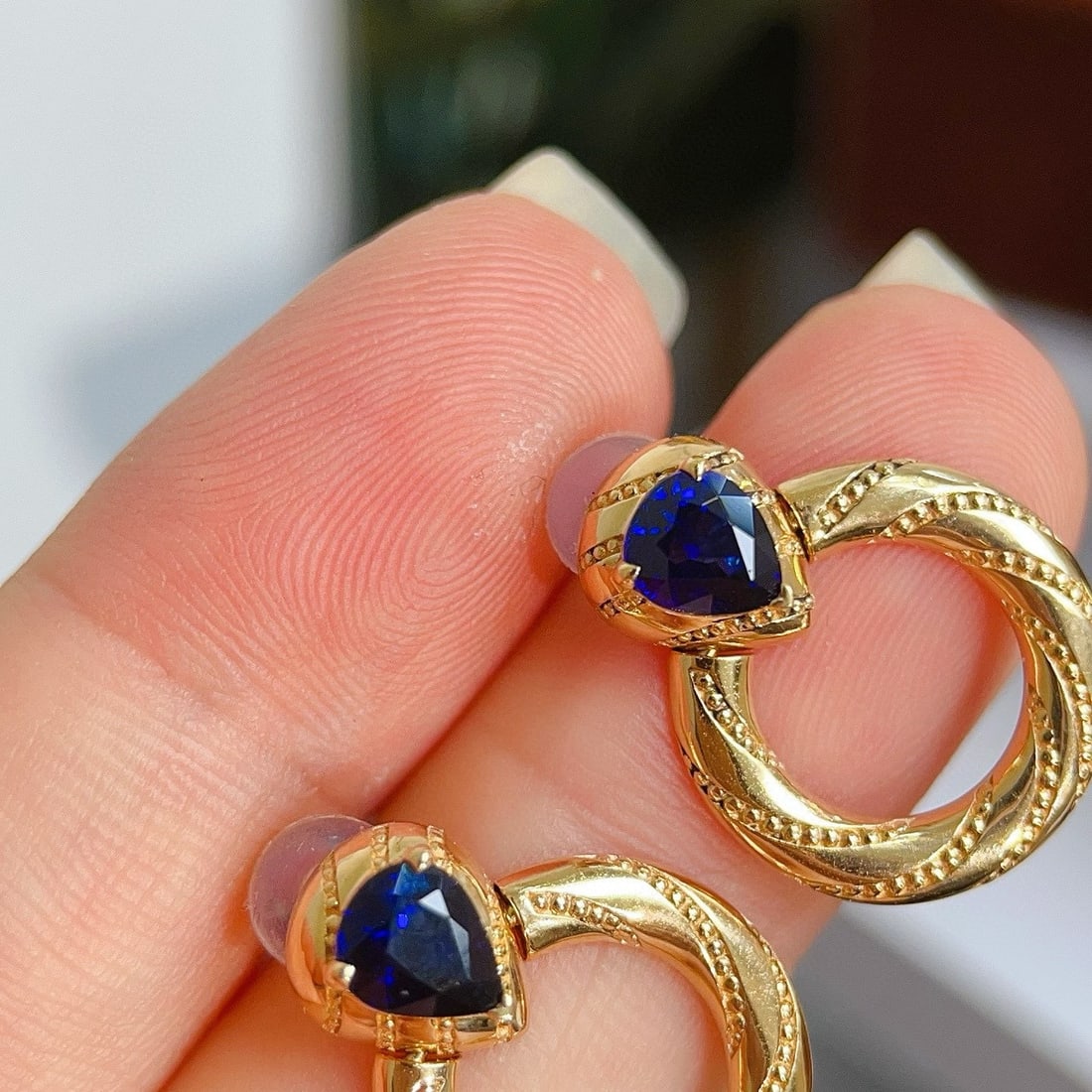 14k Gold 1.3 Ct Natural Sapphire & Diamond Earrings - 4