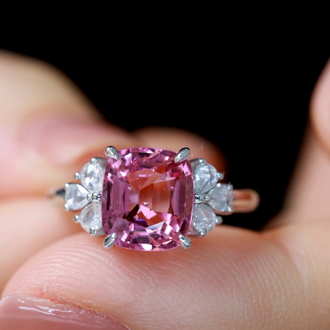 14k Gold 2.04 Ctw Natural Spinel & Diamond Ring: Ref:230979203 // gold content:14k gold // ring size:7. 25us // // main gemstone:spinel // shape:cushion // carat weight:1. 9ct // color:pink // treatment:natural // cut grade:g // // adjacent