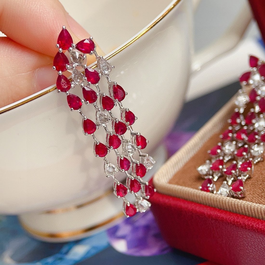14k Gold 7.79 Ctw Natural Ruby & Sapphire Earrings - 2