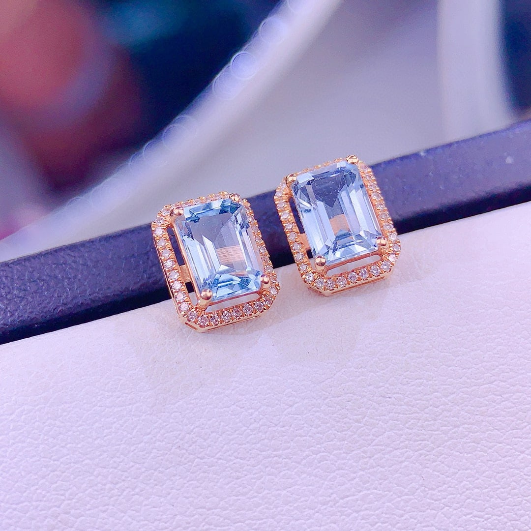 14k Gold 2.5 Ct Natural Aquamarine & Diamond Earrings - 3