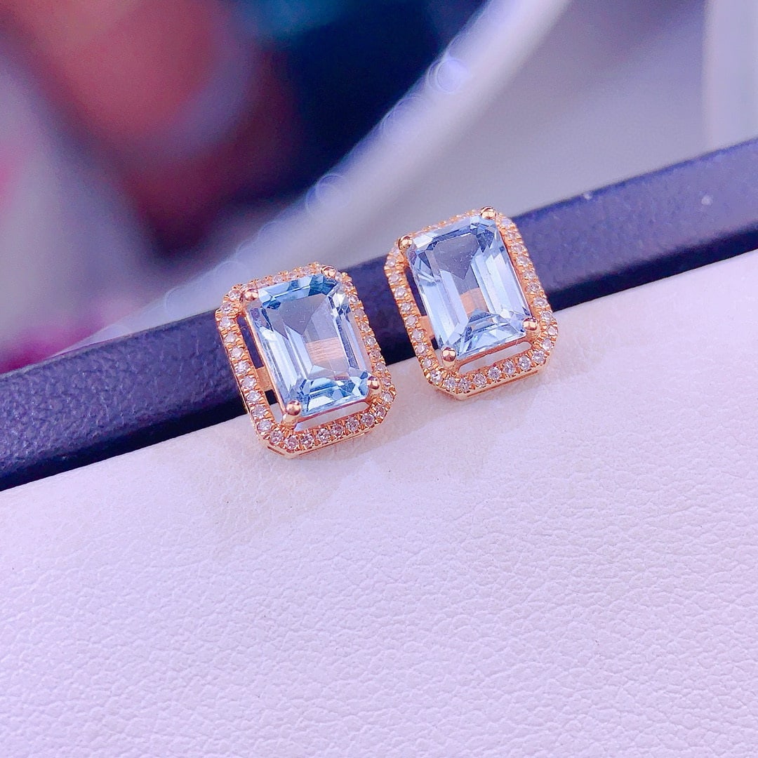 14k Gold 2.5 Ct Natural Aquamarine & Diamond Earrings - 6