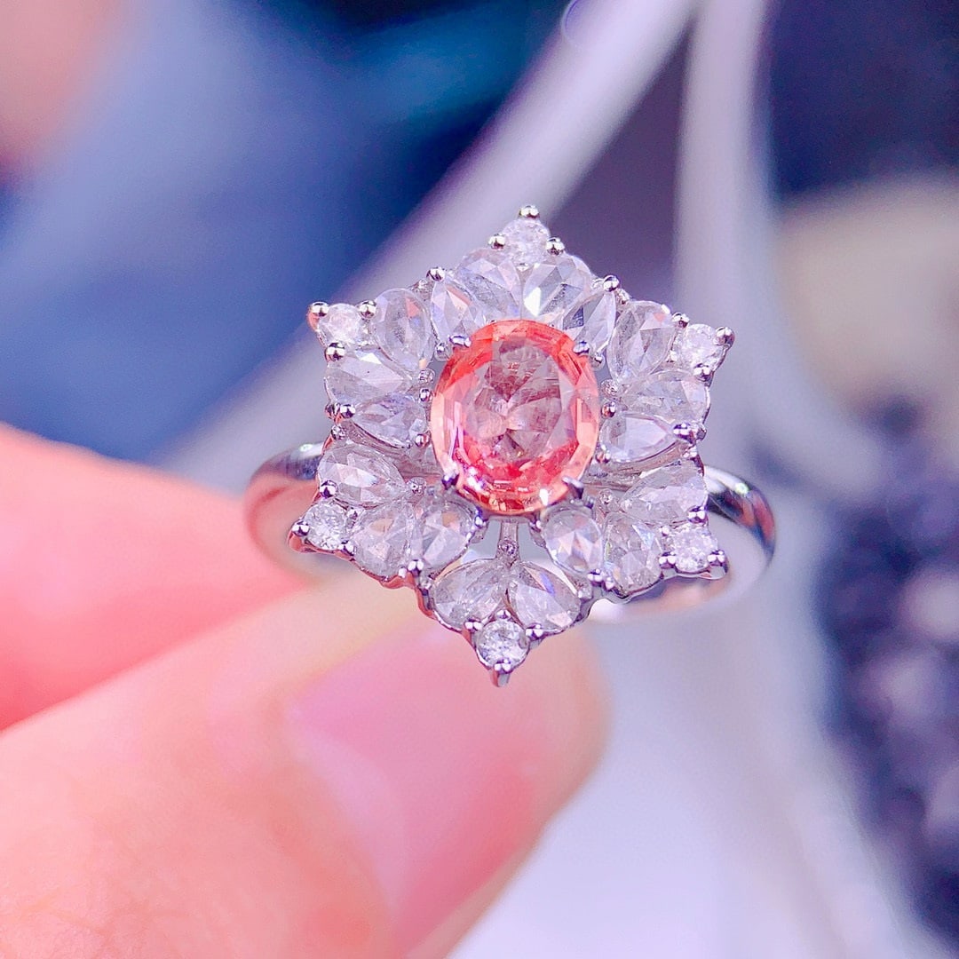 14k Gold 0.74 Ct Natural Padparadscha Sapphire & Diamond Ring: Ref:230979224 // gold content:14k gold // ring size:7. 25us // // main gemstone:padparadscha sapphire // shape:oval // carat weight:0. 74ct // color:pink // treatment:natural // cut grade:g // //